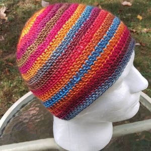 Crocheted Unisex Spiral Beanie in Blue, Red, Orange and Brown