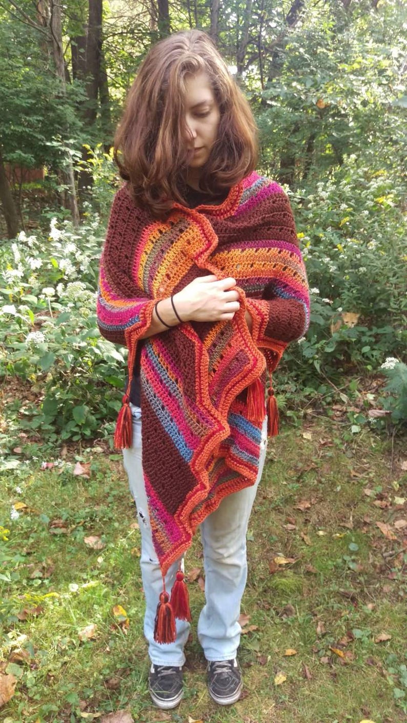 Crocheted Prayer Shawl With Tassels in Brown and Multicolored Etsy