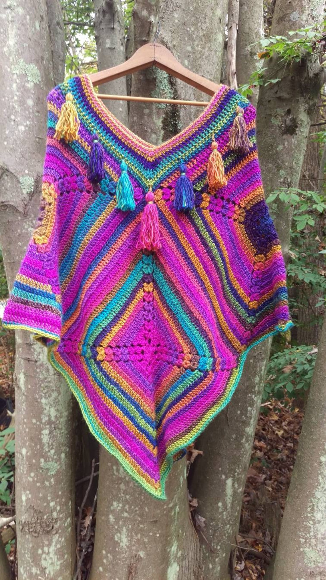 Crocheted Rainbow Poncho With Tassels Etsy