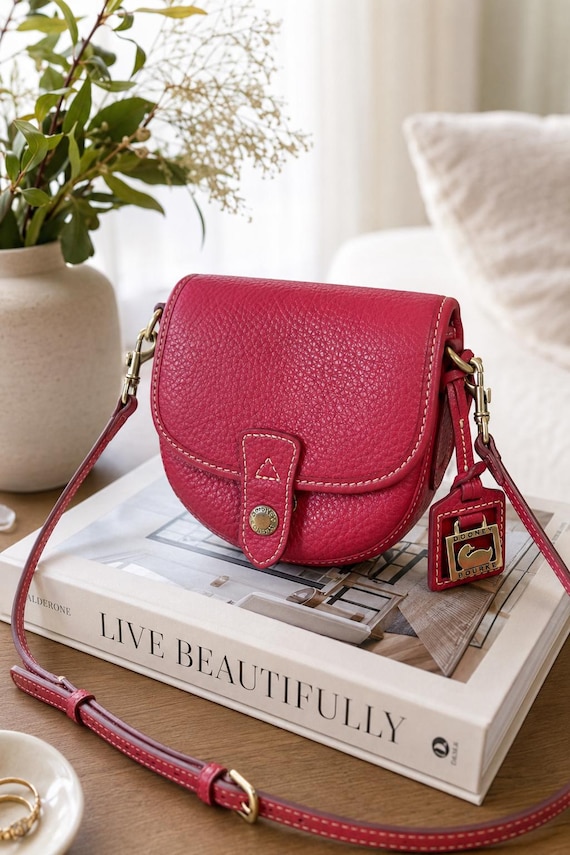 Vintage Dooney & Bourke Fushia Pink, Pebbled Leather Mini Flap Crossbody Bag, Brass Hardware, Saddle Purse