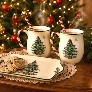 Beautiful Set of 2  Spode "Christmas Tree" Pattern  Bone China Cocoa -Coffee Mugs Original Box