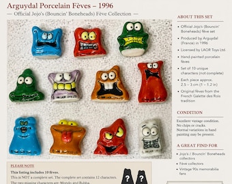 Set de 10 figuras vintage de JoJo's Bouncin' Boneheads Arguydal Fèves de 1996 / Porcelana francesa Galette Des Rois Collectibles Kings Cake Francia