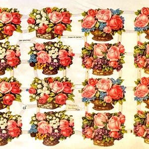 Vintage scrap Pink Roses in Basket lily of the valley Victorian
