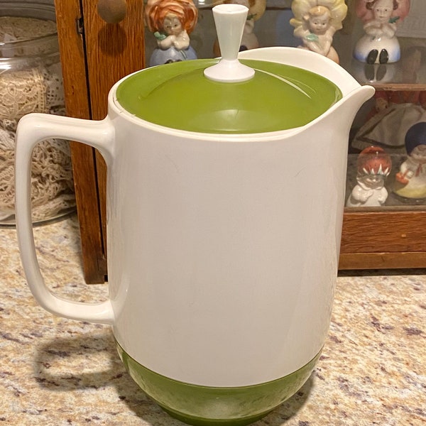 Retro pitcher, avocado green and white. Thermos, insulated double walled, plastic