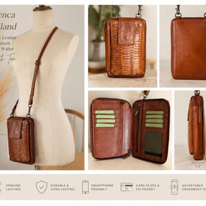 Puede incluir: Una cartera de cuero color canela para tel&eacute;fono de Vilenca Holland con panel frontal tejido, compartimento con cremallera, m&uacute;ltiples ranuras para tarjetas y correa ajustable. Mide 7.5 pulgadas de alto y 1.5 pulgadas de profundidad.