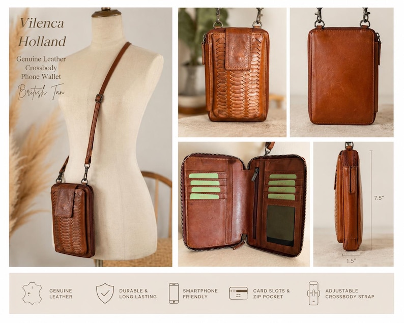 Puede incluir: Una cartera de cuero color canela para tel&eacute;fono de Vilenca Holland con panel frontal tejido, compartimento con cremallera, m&uacute;ltiples ranuras para tarjetas y correa ajustable. Mide 7.5 pulgadas de alto y 1.5 pulgadas de profundidad.