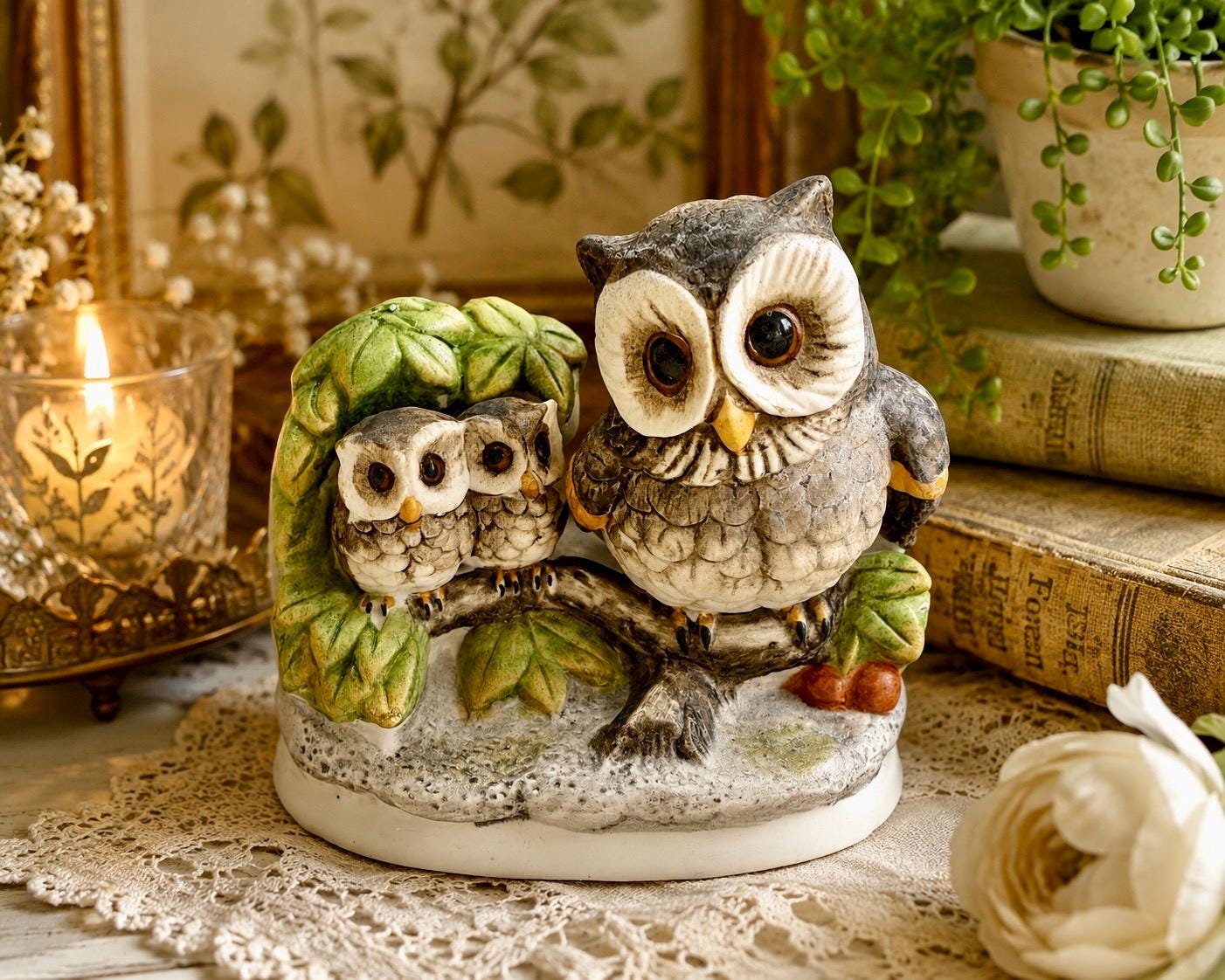 Sweet Vintage Owls Family Mama Babies Birds Figurine Ceramic HOMCO Home Interior #1298