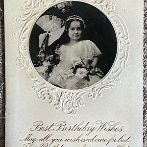 Antique Victorian Postcard Photo Little Girl best birthday wishes 1910