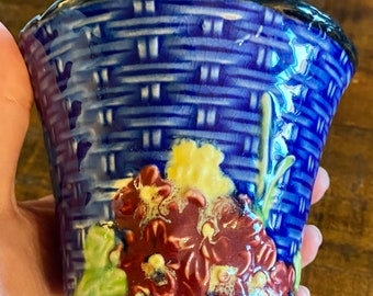Sweet Basket weave Ceramic Planter Royal Blue Flowers 3” x 4”