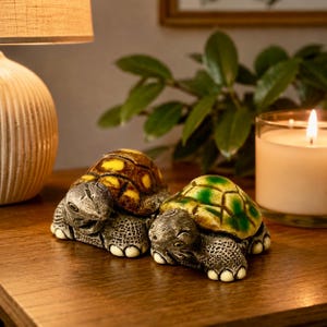 Vintage COAD Peru Tortoise Pair | Hand Painted Peruvian Pottery Figurines | Miniature Turtle Couple | Folk Art Shelf Decor