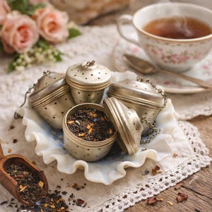 May include: A still-life image featuring tea-related items. Several vintage silver tea infusers are arranged on a decorative plate, one open and filled with loose tea. A teacup with tea and a wooden scoop with tea leaves are also present.