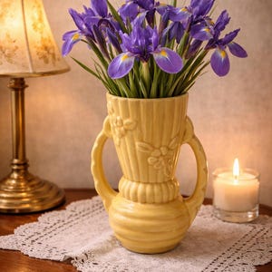 Vintage Shawnee Yellow Fluted Vase With Flowers & Handles