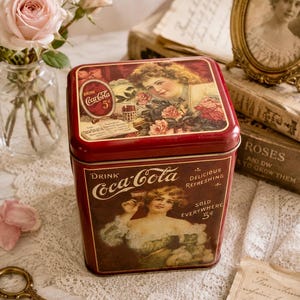 May include: A rectangular red metal tin featuring vintage Coca-Cola branding and imagery. The lid displays a woman with roses, while the front shows a woman holding a glass with the text Drink Coca-Cola, Delicious Refreshing, Sold Everywhere 5 cents.