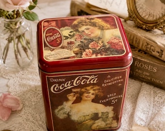 Nice Large Vintage Coca Cola Tin Box Victorian Lady with Roses