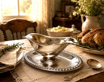 Gorgeous Antique Silverplate Gravy Boat Attached Saucer