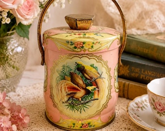 Pretty Murray-Allen Vintage Tin Canister w/ Lid Handle Pink Gold Bird Floral Small