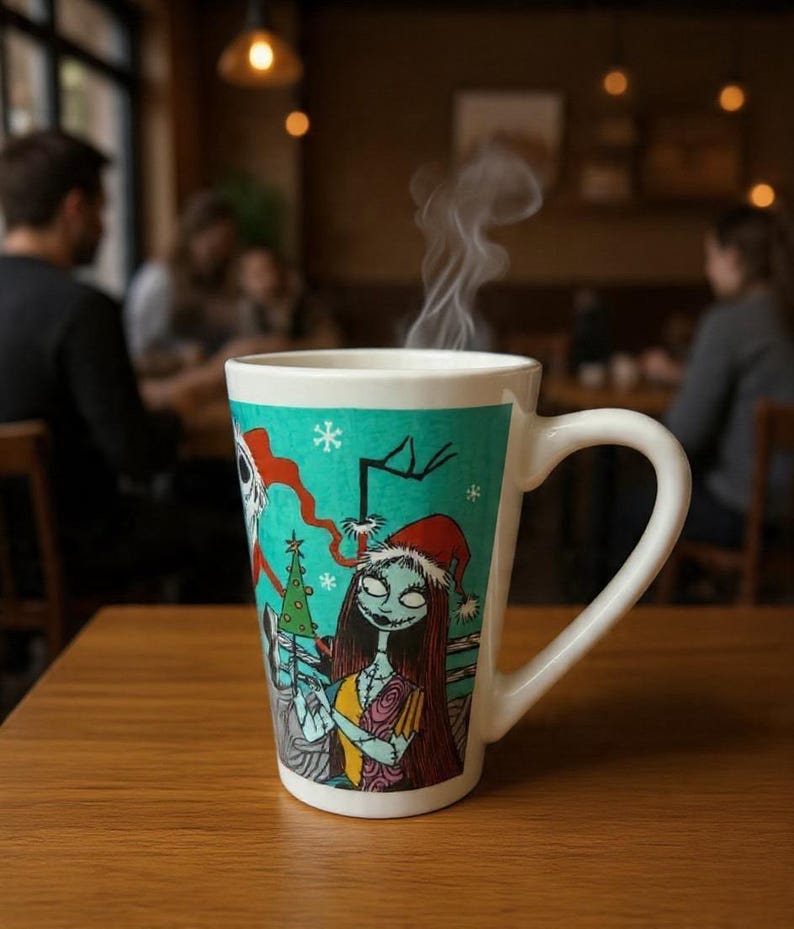 Może przedstawiać: Wysoki biały ceramiczny kubek z kolorowym nadrukiem graficznym przedstawiającym Sally i Jacka Skellingtona z Miasteczka Halloween. Kubek ma zakrzywione ucho i zawiera gorący nap&oacute;j, z kt&oacute;rego unosi się widoczna para wodna.
