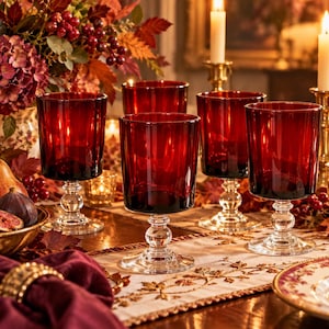 May include: A set of four deep red glass goblets with clear, multi-tiered stems and circular bases. The glasses feature a smooth, cylindrical bowl design and are arranged on a table alongside candles, fruit, and decorative table linens.