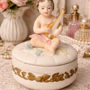 Vintage Lefton Round Footed Trinket Dish Topped with Baby Playing Lute, Gold Trim, Ring Dish, Lefton Collector, Mid Century, Collectable