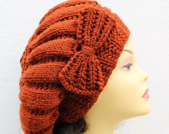 Brick Fox Orange Woman Hand Knitted Hat with Bow, Brick Beret hat with bow, Fox knit hat, slouchy knit women's hat with bow, winter hat