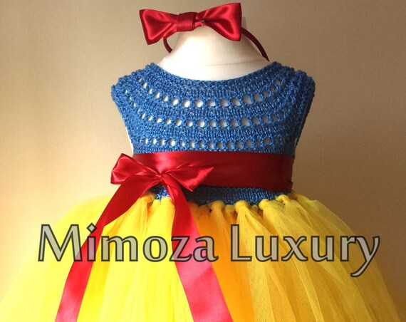 Snow White Luxury Princess dress, Flower girl dress, tutu dress, blue crochet top yellow tulle dress, knit tutu dress snow white