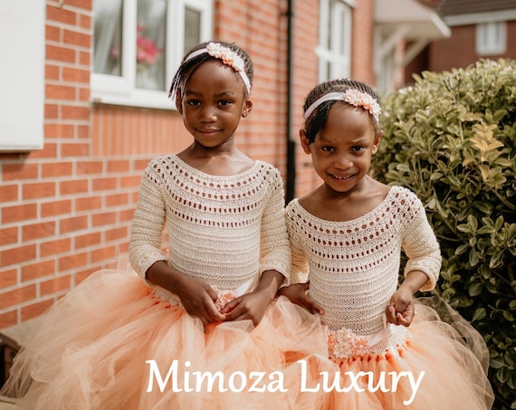 Peach Flower girl dress, 3/4 sleeve peach tulle flower girl dress, handmade peach wedding tulle dress, hand knit tutu dress in peach