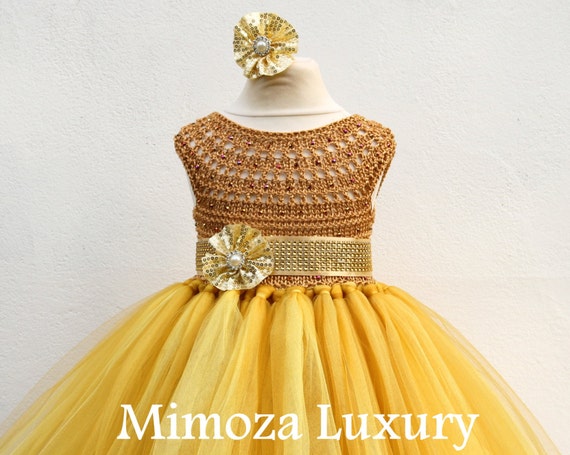 Gold Deluxe Tutu dress, gold birthday dress, gold flower girl dress, golden princess dress, gold tulle dress, gold luxury girls dress