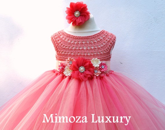 Coral Peach Flower girl dress, coral tutu dress, bridesmaid dress, princess dress, crochet top tulle dress, hand knit tutu dress, peach