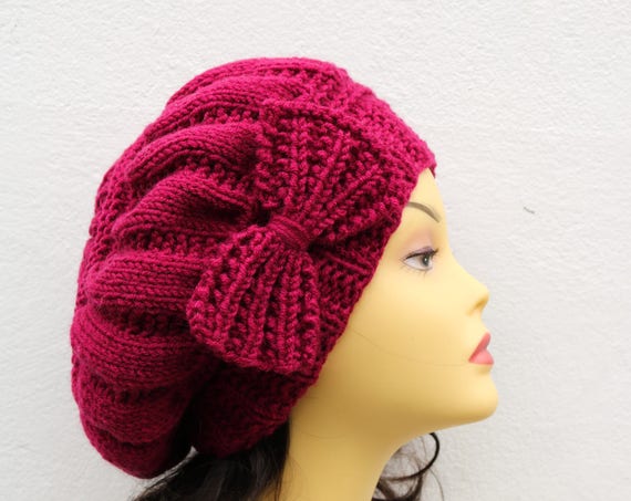 Magenta Dark Fuchsia Woman Hand Knitted Hat with Bow, Beret hat with bow, Dark Fuchsia knit hat, slouchy knit women's hat with bow, winter