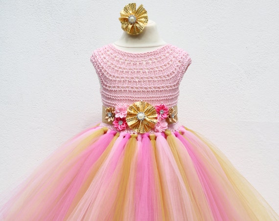 Pink and Gold Flower girl dress, Peppa Pig tutu dress, bridesmaid dress, princess dress, pink crochet top tulle dress, peppa pig dress