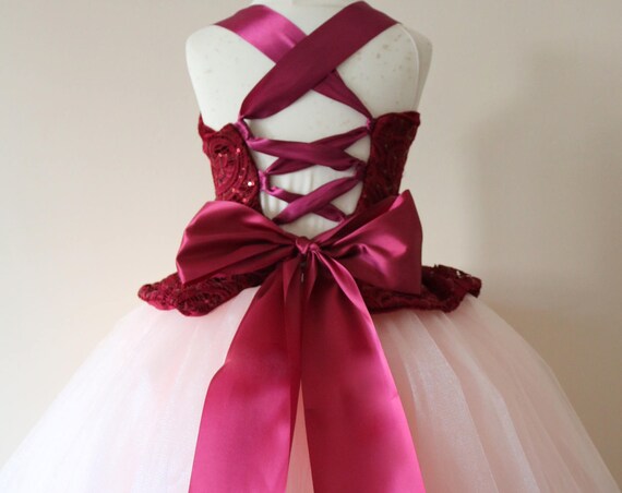 Burgundy Flower Girl Dress, burgundy bridesmaid dress, couture flower girl gown, bespoke girls dress, tulle princess dress, burgundy tutu