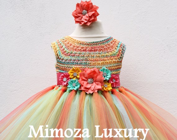 Mint Coral Birthday dress, mint coral tutu dress, hawaii bridesmaid dress, hawaii princess dress, tulle dress, hand knit tutu dress