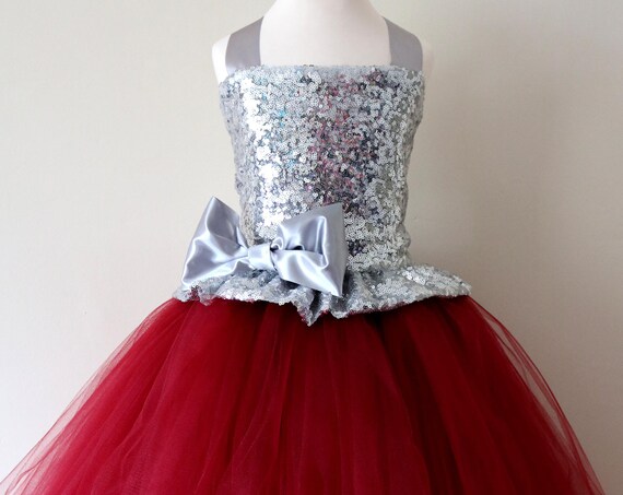 Silver Burgundy Flower Girl Dress, Silver bridesmaid dress, couture flower girl gown, bespoke girls dress, tulle princess dress, Silver tutu