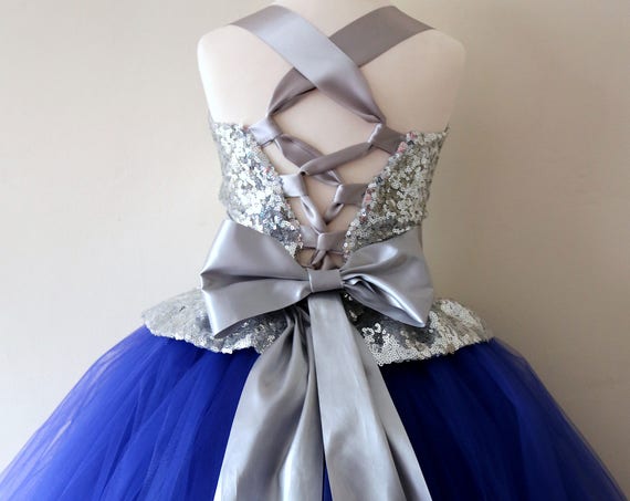 Silver & Royal Blue Flower Girl Dress, silver bridesmaid dress, couture flower girl gown, bespoke girls dress, tulle princess dress