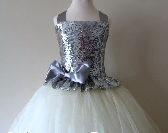 Silver & Ivory Flower Girl Dress, Silver bridesmaid dress, couture flower girl gown, bespoke girls dress, tulle princess dress, Silver tutu