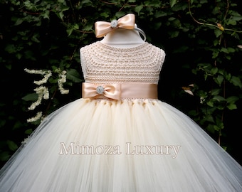 Champagne Flower Girl Dress, Cream champagne christening dress, champagne cream baptism dress, cream first communion dress, champagne dress