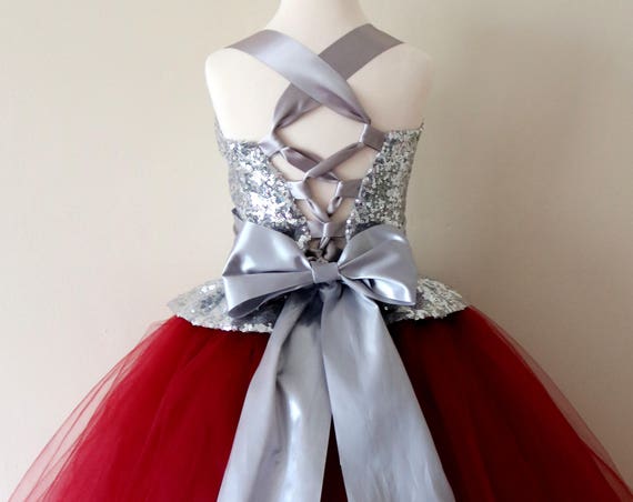 Silver & Burgundy Flower Girl Dress, silver bridesmaid dress, couture flower girl gown, bespoke girls dress, burgundy tulle princess dress