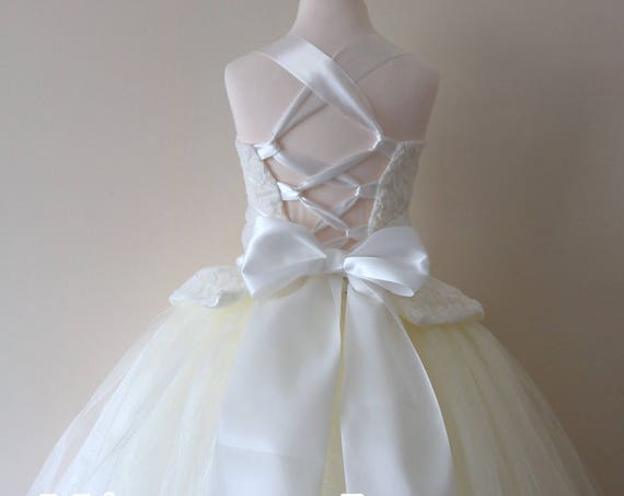 Ivory Lace Flower Girl Dress, ivory lace bridesmaid dress, ivory couture flower girl gown, bespoke girls dress, ivory tulle princess dress