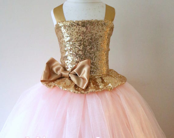 Gold Blush Flower Girl Dress, gold bridesmaid dress, couture flower girl gown, bespoke girls dress, tulle princess dress, gold blush tutu