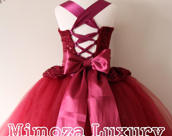 Burgundy Flower Girl Dress, burgundy bridesmaid dress, couture flower girl gown, bespoke girls dress, tulle princess dress, burgundy tutu