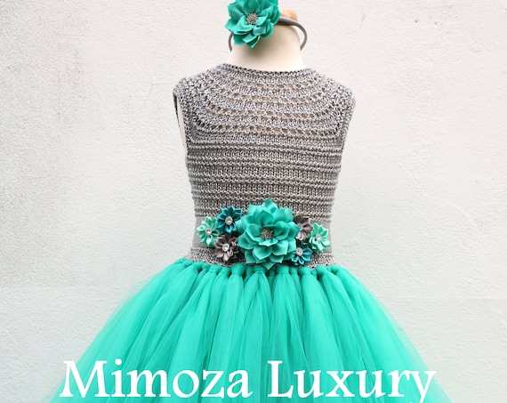 Teal green & Silver Flower girl dress, teal green tutu dress, bridesmaid dress, princess dress, silver crochet top teal green tulle dress