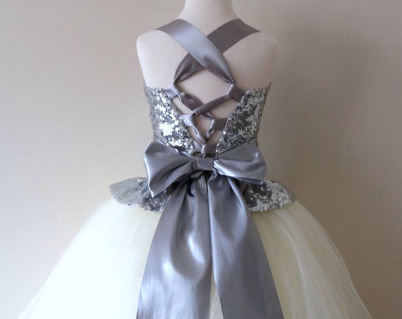 Silver & Ivory Flower Girl Dress, silver bridesmaid dress, couture flower girl gown, bespoke girls dress, Ivory tulle princess dress