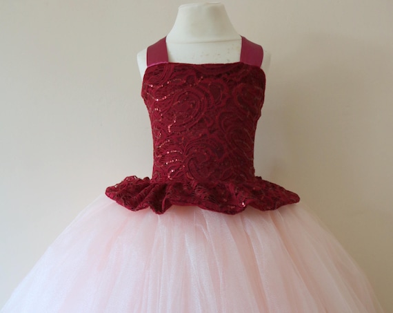Burgundy Flower Girl Dress, burgundy bridesmaid dress, couture flower girl gown, bespoke girls dress, tulle princess dress, blush tutu