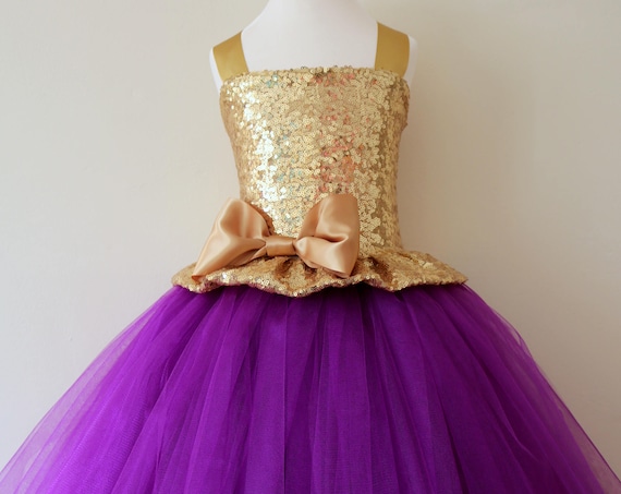 Gold Purple Flower Girl Dress, gold bridesmaid dress, couture flower girl gown, bespoke girls dress, tulle princess dress, gold purple tutu