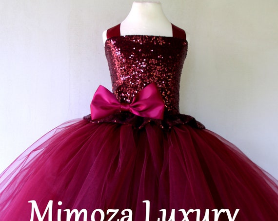 Burgundy sequins Flower Girl Dress, burgundy tulle bridesmaid dress, couture flower girl gown, bespoke girls dress, tulle princess dress