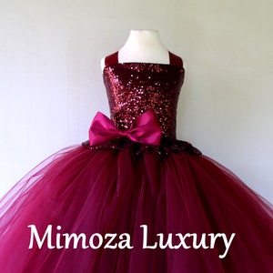 Burgundy sequins Flower Girl Dress, burgundy tulle bridesmaid dress, couture flower girl gown, bespoke girls dress, tulle princess dress