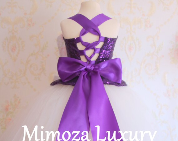 Purple Ivory Flower Girl Dress, Purple bridesmaid dress, couture flower girl gown, bespoke girls dress, tulle princess dress, Purple gown