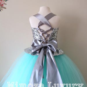 Mint & Silver Flower Girl Dress, mint bridesmaid dress, couture flower girl gown, bespoke girls dress, tulle princess dress, silver sequin