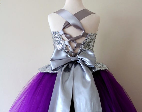 Purple & Silver Flower Girl Dress, Purple bridesmaid dress, couture flower girl gown, bespoke girls dress, tulle princess dress, Purple gown