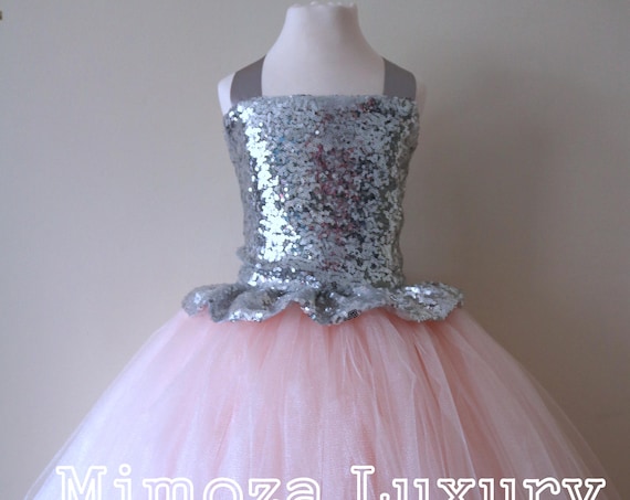Blush & Silver Sequin Flower Girl Dress, silver bridesmaid dress, couture flower girl gown, bespoke girls dress, tulle princess dress